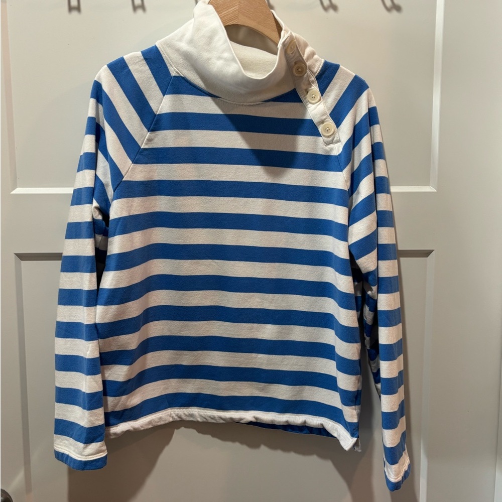 J. Crew Blue and White Striped Cowl Neck Sweater